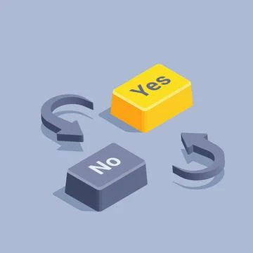 Isometric vector illustration on gray background, yellow yes button near blac Stock Illustration