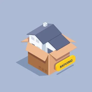 Isometric vector illustration on gray background, house in box and button wit Stock Illustration