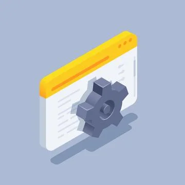 Isometric vector illustration on gray background, browser window and gear ico Illustrazione stock