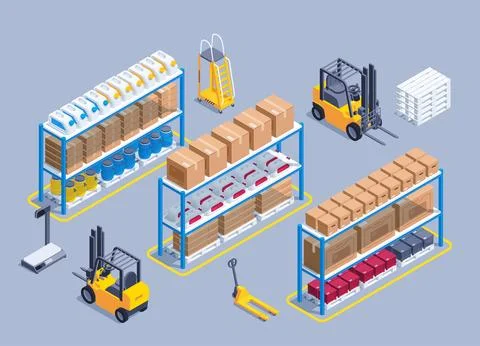 Isometric vector illustration on gray background, work in a warehouse, a shel イラスト素材