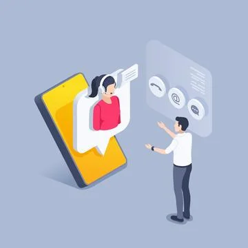 Isometric vector illustration on a gray background, a man communicates on a s Stock Illustration