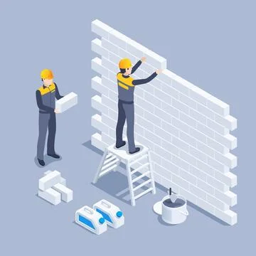 Isometric vector illustration on gray background, men in working uniforms bui Stock Illustration