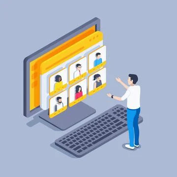 Isometric vector illustration on gray background, man communicates by video c Stock Illustration