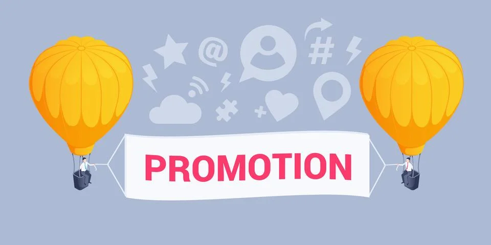 Isometric vector illustration on gray background, two yellow balloons with me Stock Illustration