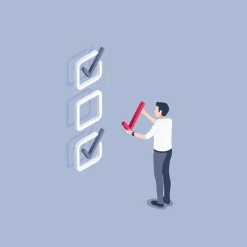 Isometric vector illustration on gray background, man in business clothes put Stock Illustration