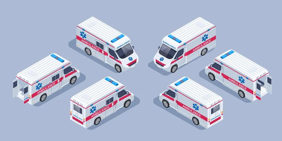 Isometric vector illustration on gray background, ambulance car front and bac Stock Illustration