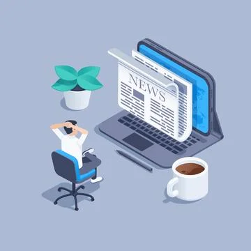 Isometric vector illustration on a gray background, a man sits on a chair and Illustrazione stock