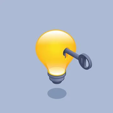 Isometric vector illustration on gray background, glowing light bulb and key  库存插图