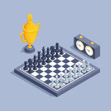Isometric vector illustration on gray background, chessboard with figures and 스톡 일러스트