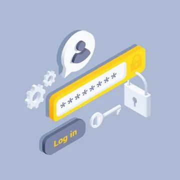 Isometric vector illustration on a gray background, a password entry window a 스톡 일러스트
