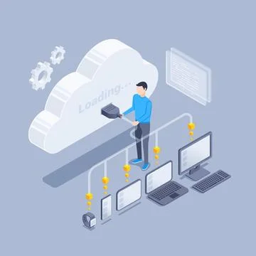 Isometric vector illustration on gray background, man connects his gadgets an Stock Illustration