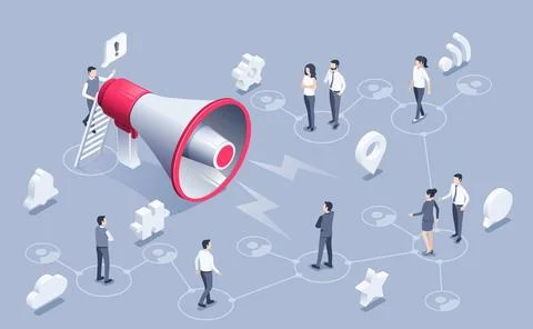 Isometric vector illustration on a gray background, a man speaks important in Stock Illustration