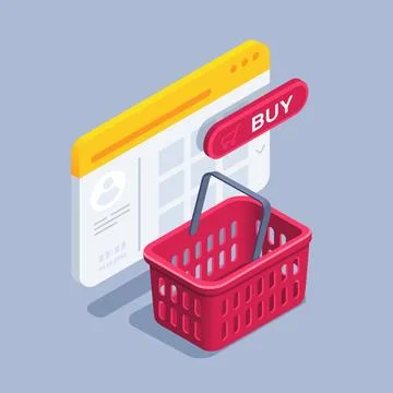 Isometric vector illustration on gray background, red shopping cart next to b イラスト素材
