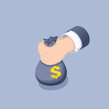 Isometric vector illustration on gray background, male hand holding a bag of  Stock Illustration
