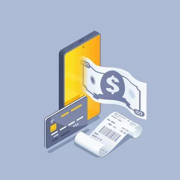 Isometric vector illustration on gray background, smartphone and bank card, d Stockillustratie