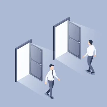 Isometric vector illustration on gray background, open door with light and ma Stock Illustration