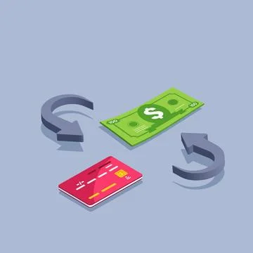 Isometric vector illustration on gray background, dollar bill and bank card a Stock Illustration