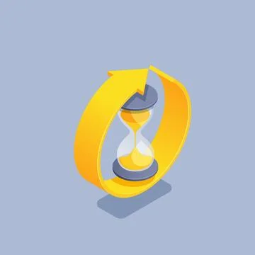 Isometric vector illustration on gray background, hourglass inside a round ar 스톡 일러스트