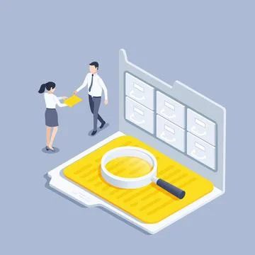 Isometric vector illustration on gray background, folder with archive shelves Stock Illustration
