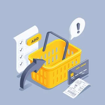 Isometric vector illustration on gray background, yellow shopping cart and sh Stock Illustration