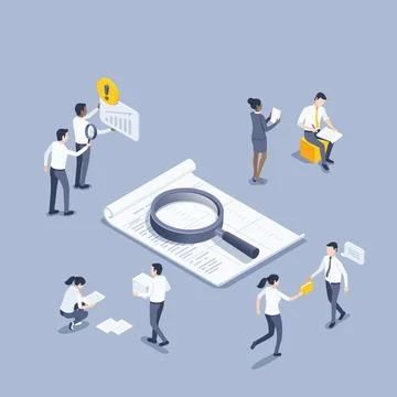 Isometric vector illustration on gray background, paper document with  magnif Stock Illustration