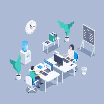 Isometric vector illustration on a gray background, a man and a woman work in Stock Illustration