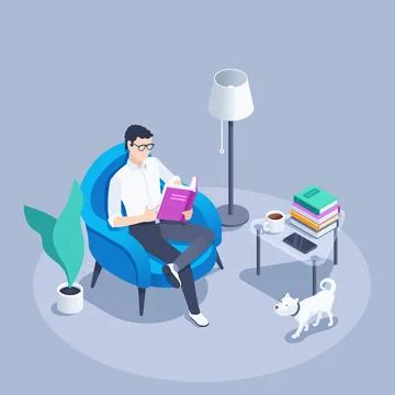 Isometric vector illustration on a gray background, a man in an armchair read Illustrazione stock