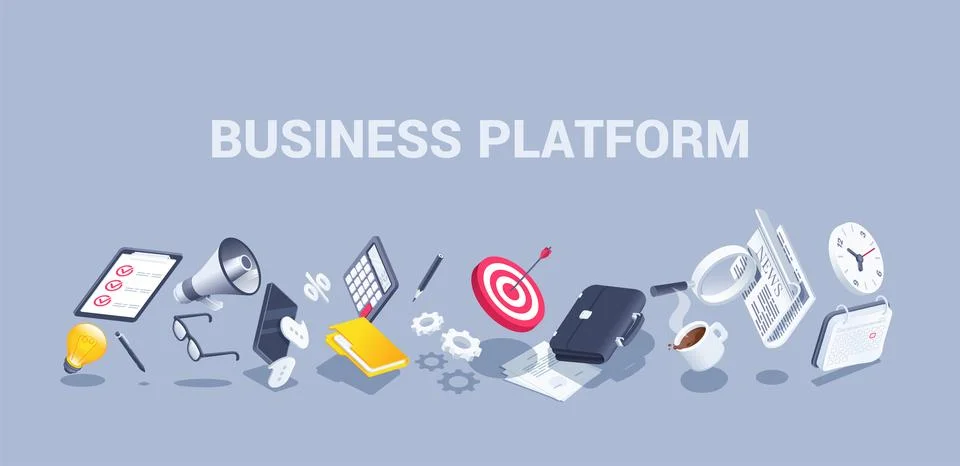 Isometric vector illustration on a gray background, business platform, a targ Illustrazione stock