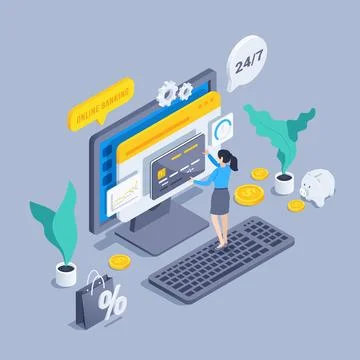 Isometric vector illustration on a gray background, a woman stands near a com Stock Illustration