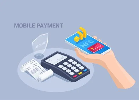 Isometric vector illustration on a gray background, a hand holds a smartphone Stock Illustration
