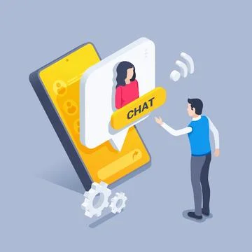 Isometric vector illustration on gray background, man presses chat button on  Stock Illustration