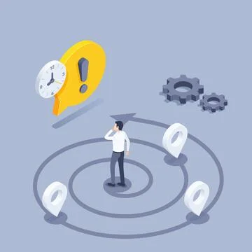 Isometric vector illustration on a gray background, a man in the center of a  스톡 일러스트