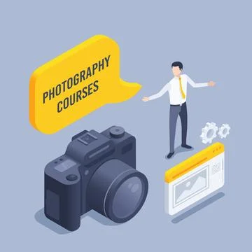 Isometric vector illustration on a gray background, a man next to a photo cam Stock Illustration