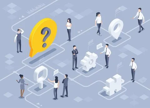 Isometric vector illustration on gray background, men and women in business c 스톡 일러스트