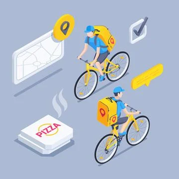 Isometric vector illustration on a gray background, a man with a backpack rid Stock Illustration