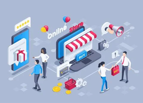 Isometric vector illustration on a gray background, an online store on a lapt Stock Illustration