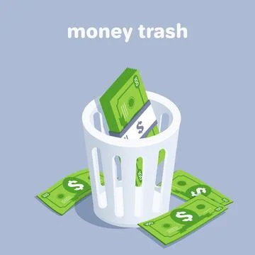 Isometric vector illustration on a gray background, a wastebasket with bankno Stock Illustration