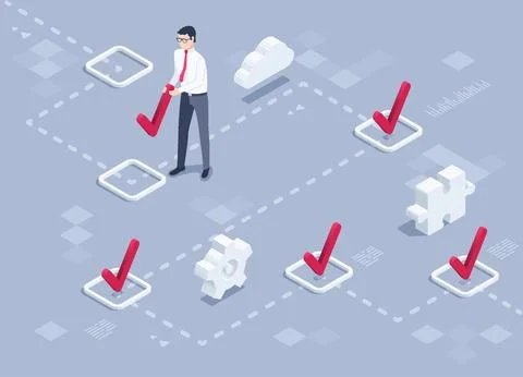Isometric vector illustration on a gray background, a man in business clothes Stock Illustration