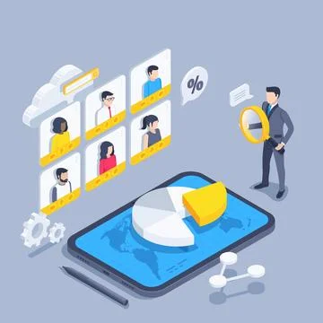 Isometric vector illustration on gray background, pie chart on tablet screen  Stock Illustration