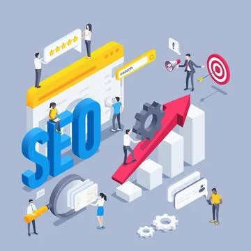 Isometric vector illustration on a gray background, the word seo in the brows Stock Illustration