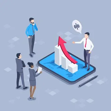 Isometric vector illustration on a gray background, a chart with a red arrow  Stock Illustration