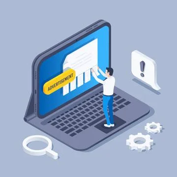 Isometric vector illustration on a gray background, a man tearing down an ad  库存插图