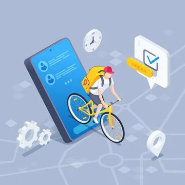 Isometric vector illustration on a gray background, a delivery man with a big Stock Illustration