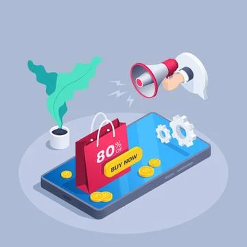 Isometric vector illustration on gray background, shopping bag with inscripti Illustration
