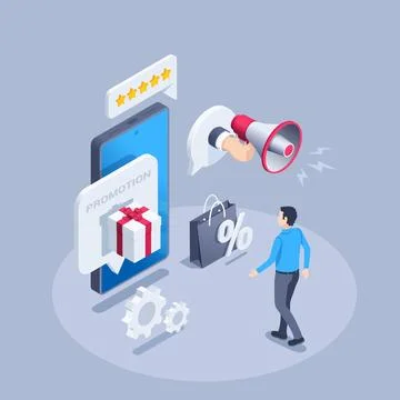 Isometric vector illustration on a gray background, a man near a smartphone o Stock Illustration
