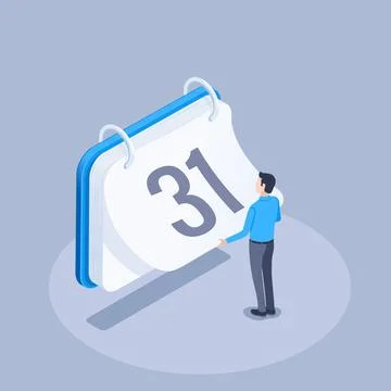 Isometric vector illustration on a gray background, a man tears off a sheet o Stock Illustration