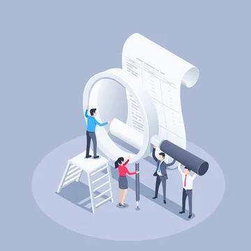 Isometric vector illustration on a gray background, a man and a woman look th Stock Illustration