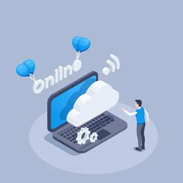 Isometric vector illustration on a gray background, a man stands near a lapto Illustrazione stock