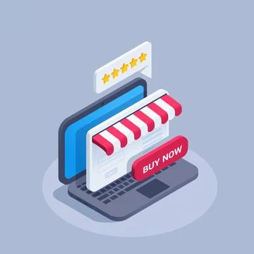 Isometric vector illustration on gray background, online store on laptop scre Stock Illustration