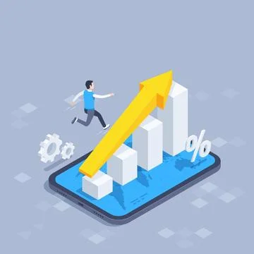 Isometric vector illustration on a gray background, a man runs an arrow over  Stock Illustration